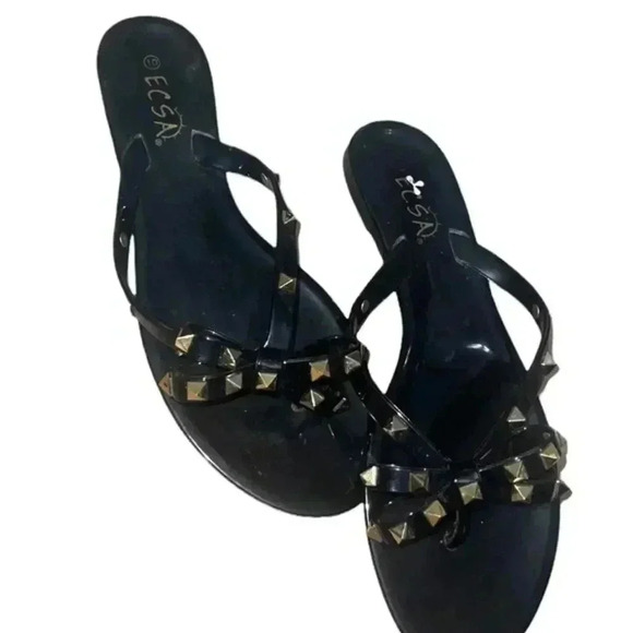 Black Flip Flops with Gold Sequined Bows - Picture 4 of 7